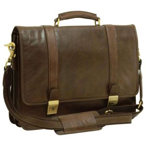 Soft Calfskin Leather Briefcase with shoulder strap - Dark Brown