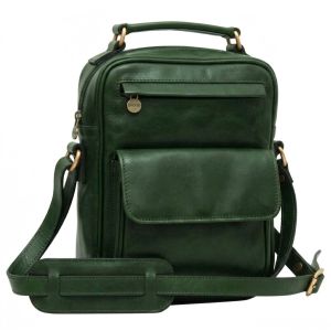 Leather Shoulder Bag with front pocket - Green