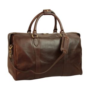 Men's Italian Full Grain Leather Travel Bags with Trolley Zip - Dark Brown