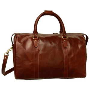Men's Italian Full Grain Leather Travel Bags with Trolley Zip - Brown