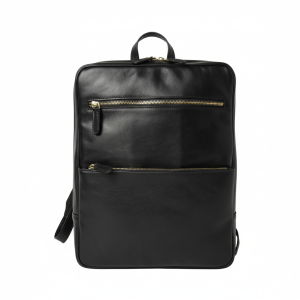 Leather backpack with backside troller strap- black
