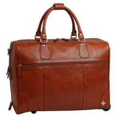 Full-grain leather duffel bag with trolley -Teak