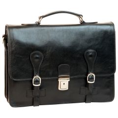 Leather Briefcase with buckle closures - Black