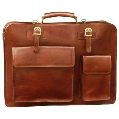 Leather Briefcase with front pockets (magnetic lock) - Brown