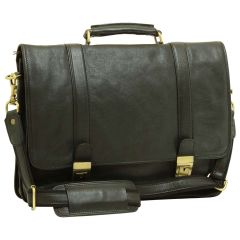 Soft Calfskin Leather Briefcase with shoulder strap - Black