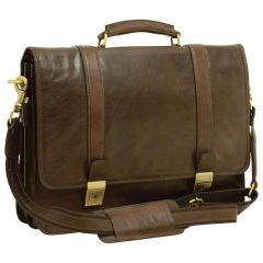 Soft Calfskin Leather Briefcase with shoulder strap - Dark Brown