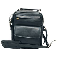 Leather Shoulder Bag with front pocket - Black