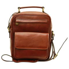 Leather Shoulder Bag with front pocket - Brown