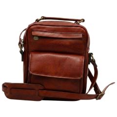 Leather Shoulder Bag with front pocket - Mahogany