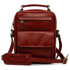 Leather Shoulder Bag with front pocket - Red