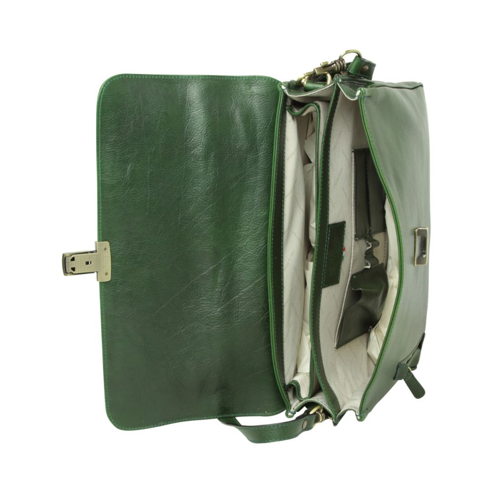 Full grain leather briefcase with schoulder strap - Green