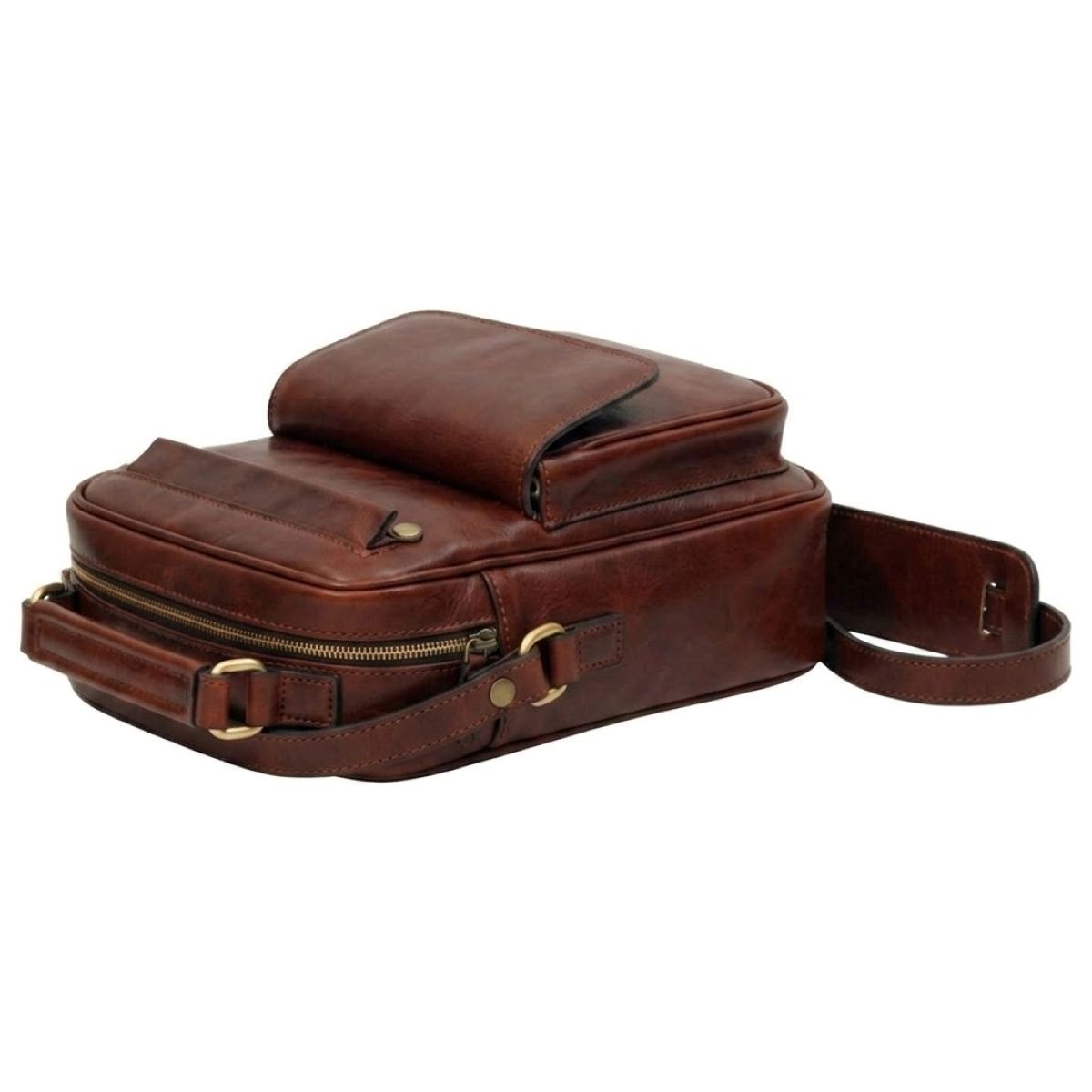 Leather Shoulder Bag with front pocket - Maoghany|056491MA|Old Angler Firenze