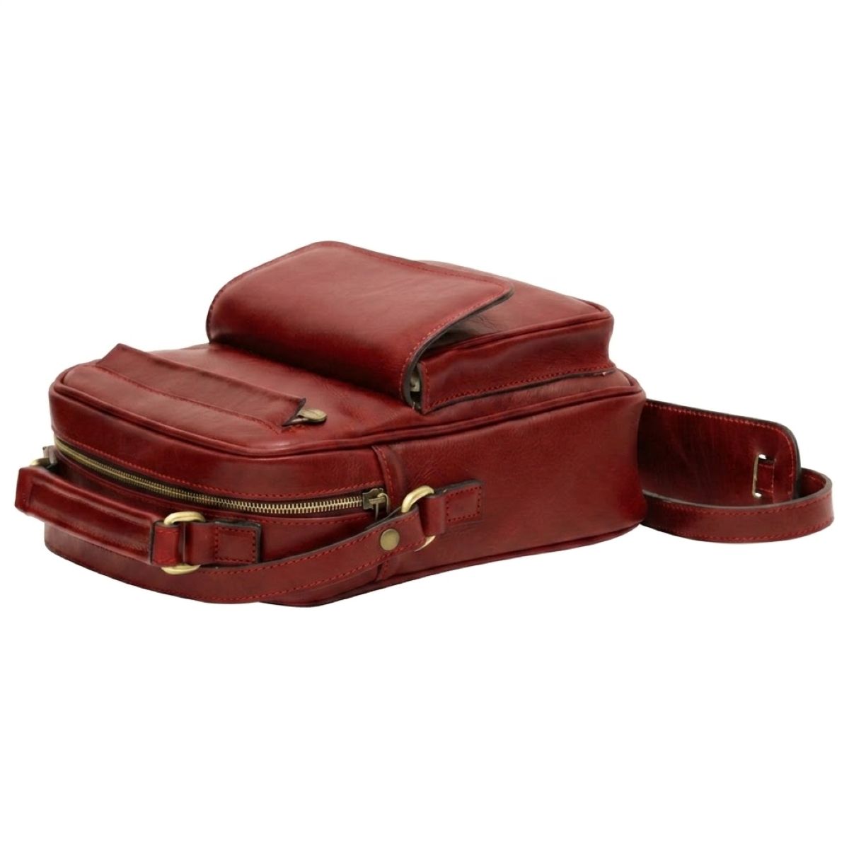 Leather Shoulder Bag with front pocket - Red|056491RO|Old Angler Firenze