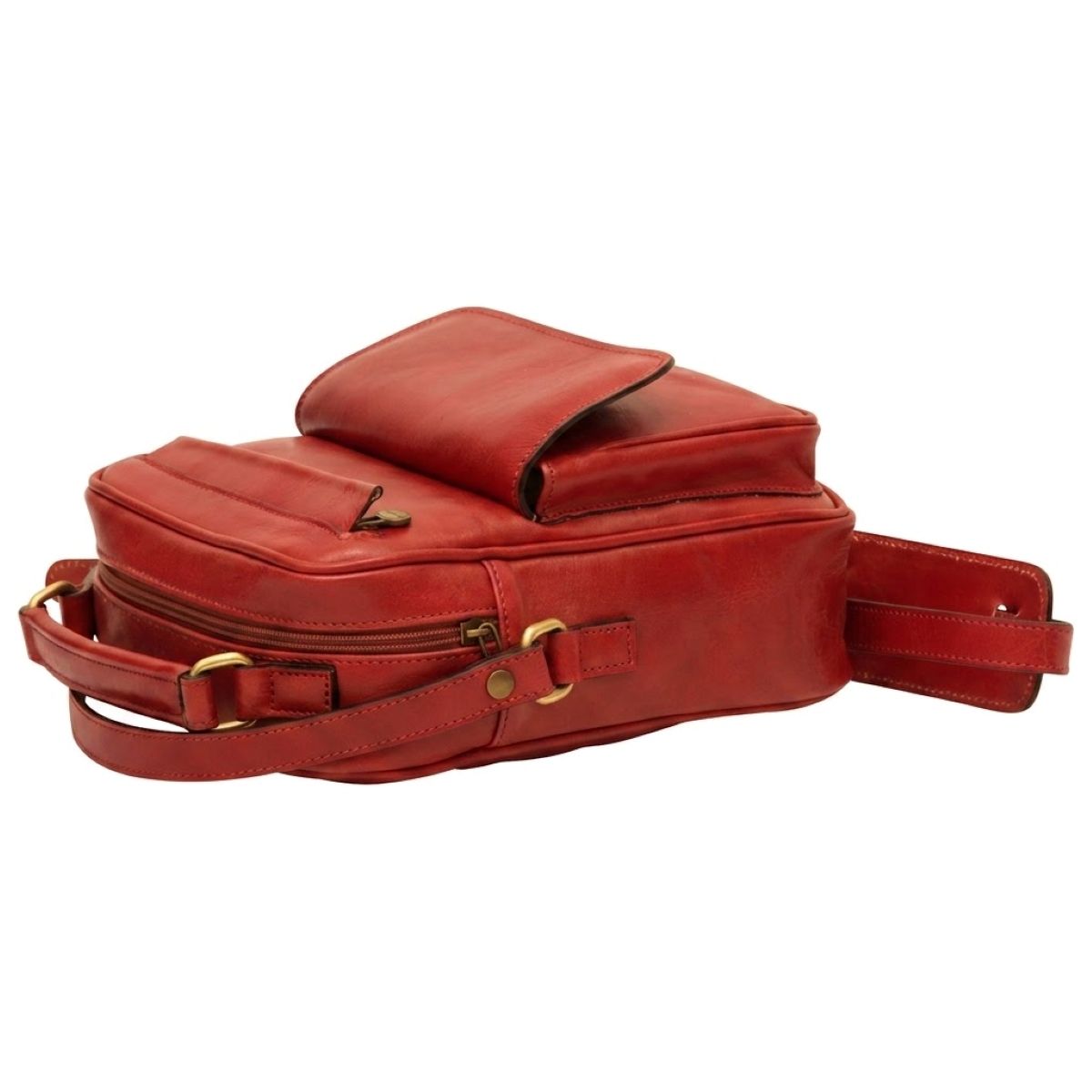 Leather Shoulder Bag with front pocket - Red|056491RO|Old Angler Firenze