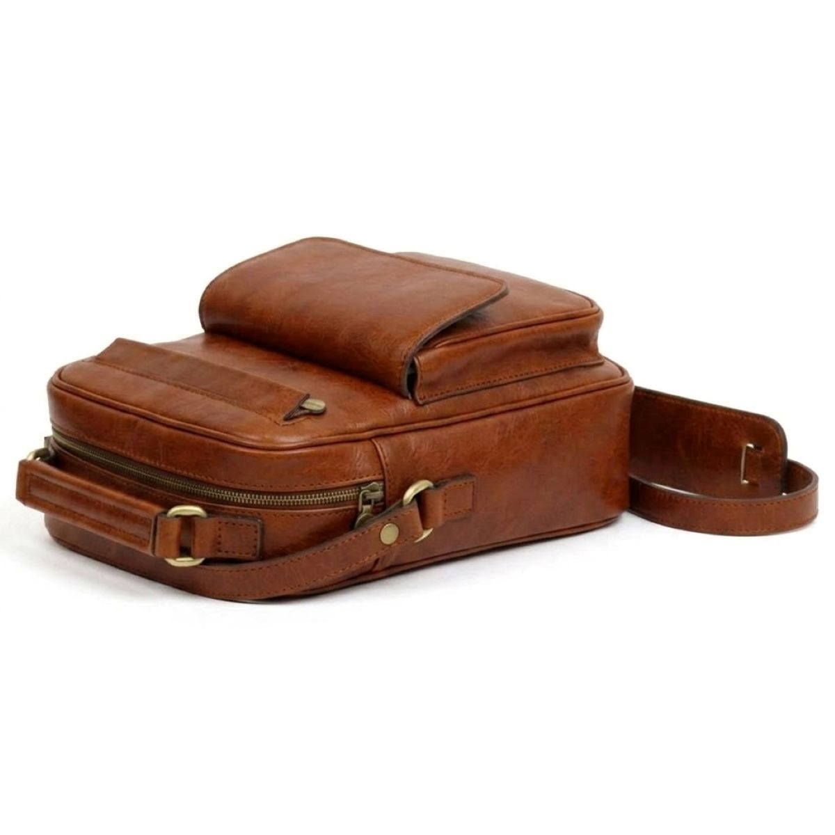 Leather Shoulder Bag with front pocket - Teak|056491TK|Old Angler Firenze