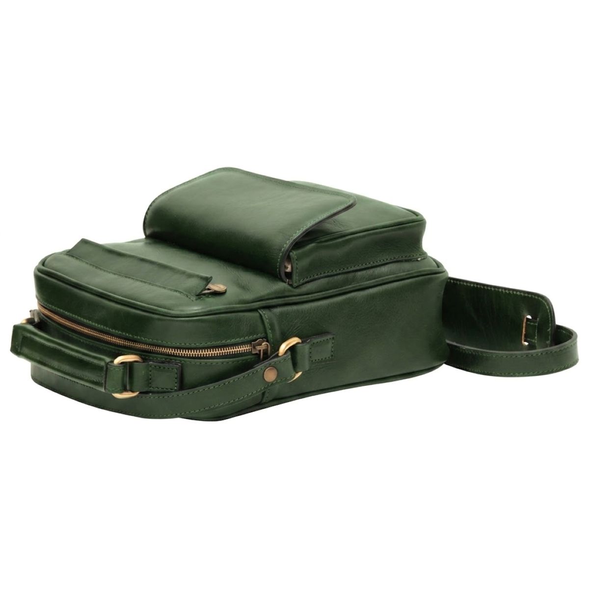 Leather Shoulder Bag with front pocket - Green|056491VE|Old Angler Firenze