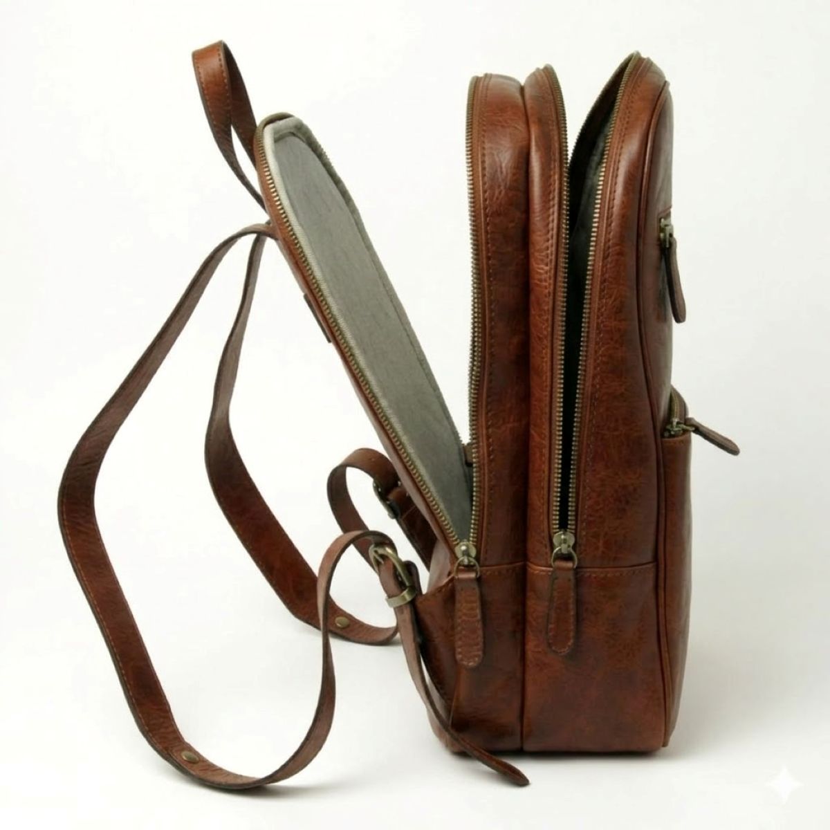 Leather backpack with exterior zip pockets - Mahogany Brown|408091MA|Old Angler Firenze