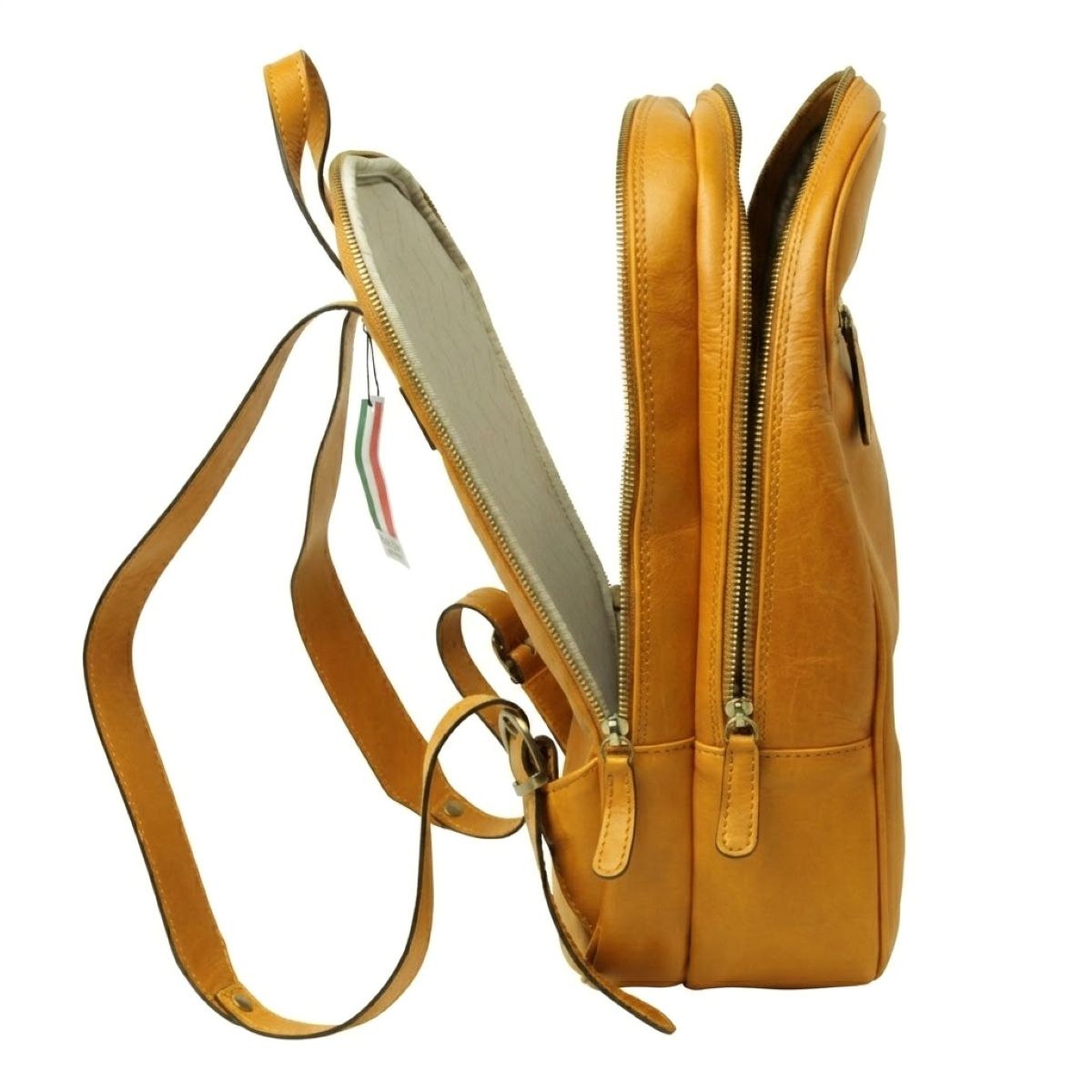 Leather backpack with exterior zip pockets - Yellow Ochre|4808091OC|Old Angler Firenze
