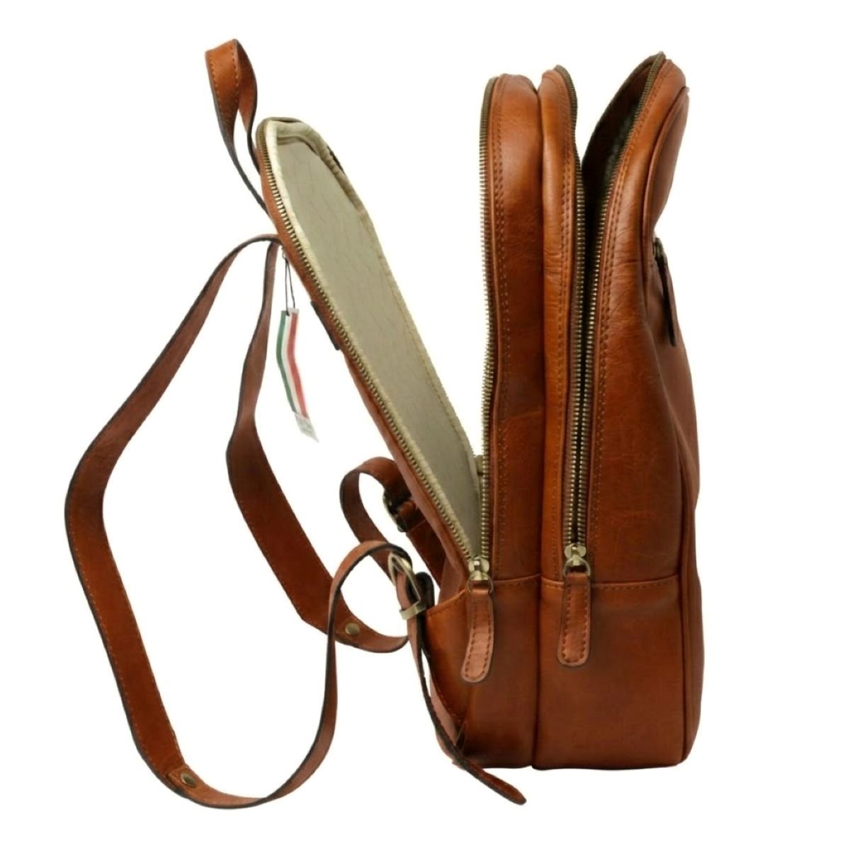 Leather backpack with exterior zip pockets - Teak|408091TK|Old Angler Firenze