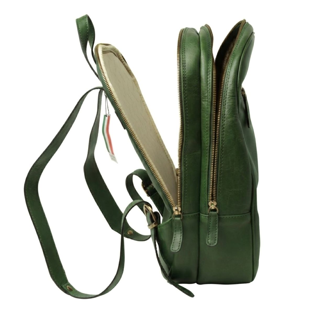 Leather backpack with exterior zip pockets - Green|408091VE|Old Angler Firenze