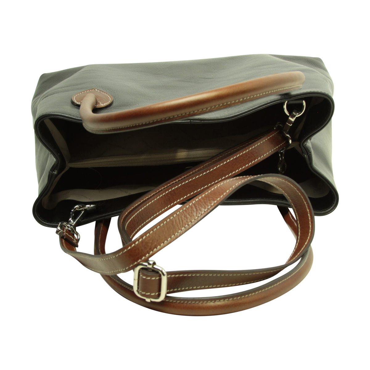 WOMAN’S TWO-HANDLE BAG IN TWO -TONE FULL-GRAIN LEATHER-BLACK|417089NE|Old Angler Firenze