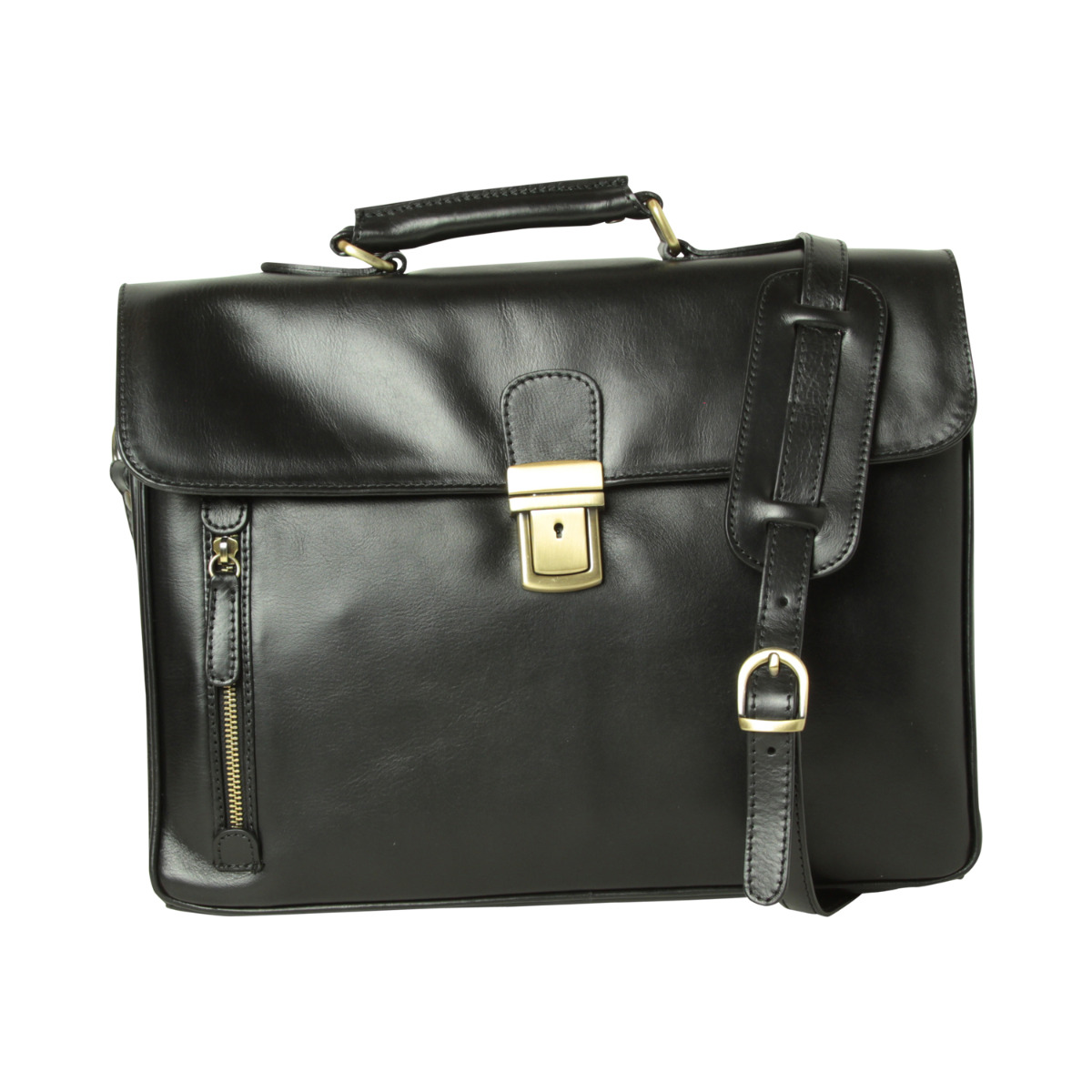 Oiled Calfskin Leather Briefcase with shoulder strap - Black