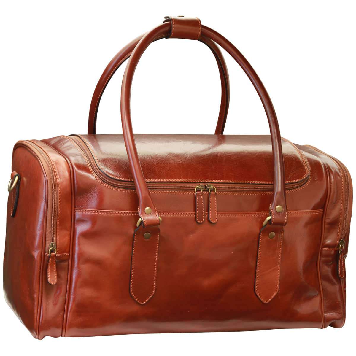 Arno. Round Metal Zip Leather Travel Bag - Brown