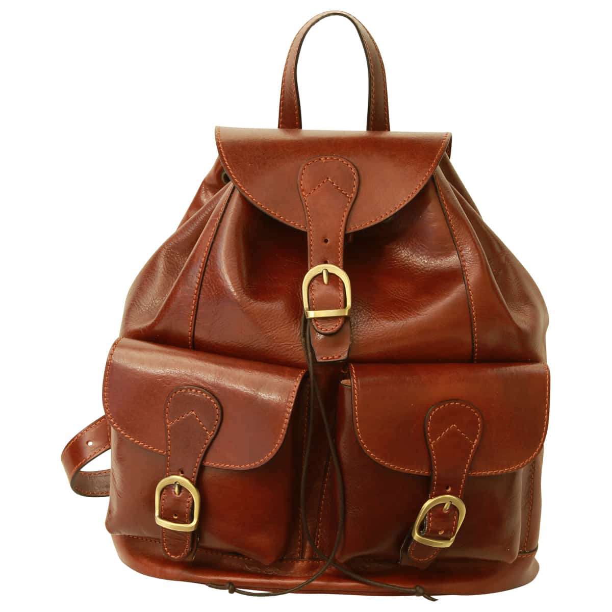 Leather backpack with 2 exterior pockets