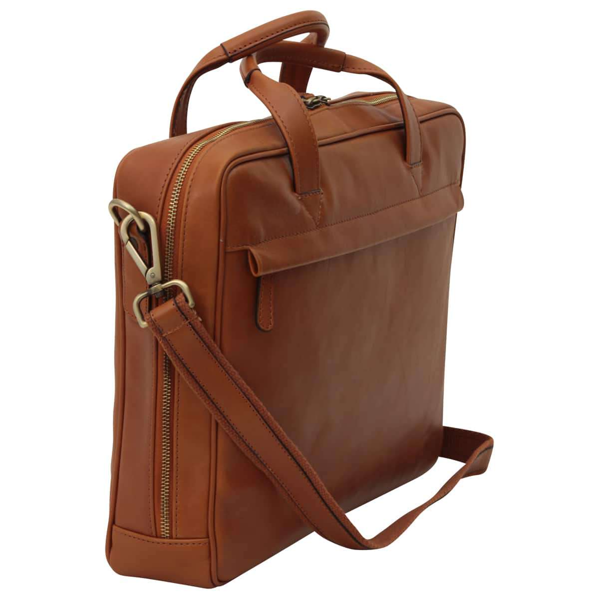 Leather Briefcase with zip closure - Brown Colonial | 409489CO US | Old Angler Firenze