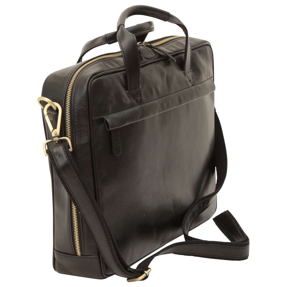 Leather Briefcase with zip closure - Black | 409489NE UK | Old Angler Firenze