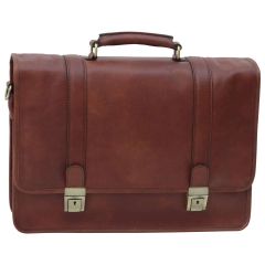 Soft Calfskin Leather Briefcase with shoulder strap - Brown
