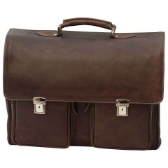 Oiled Calfskin Leather Briefcase with two clasp closure - Dark Brown