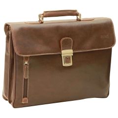 Oiled Calfskin Leather Briefcase with shoulder strap - Dark Brown