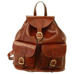 Leather backpack with 2 exterior pockets - Brown