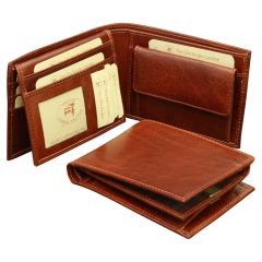 Leather Bifold wallet with coin pocket - Brown RFID system