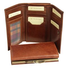Leather Trifold Wallet with snap closure - Brown