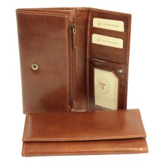 Leather wallet with external zip pocket - Brown