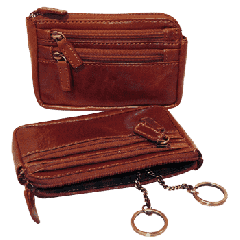Leather Key Case with 3 zip pockets - Brown
